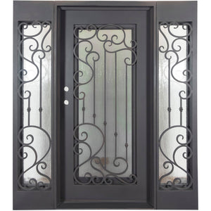 Single entryway door with a thick iron frame and sidelights. Door features a full panel of glass behind iron detailing and is thermally broken to protect from extreme weather.