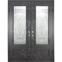 Double entryway doors with a thick iron and steel frame and a full pane of glass behind intricate iron detailing.