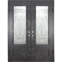 Double entryway doors made with a thick iron frame. Doors feature 3/4 glass panels behind intricate iron designs and are thermally broken to protect from extreme weather.