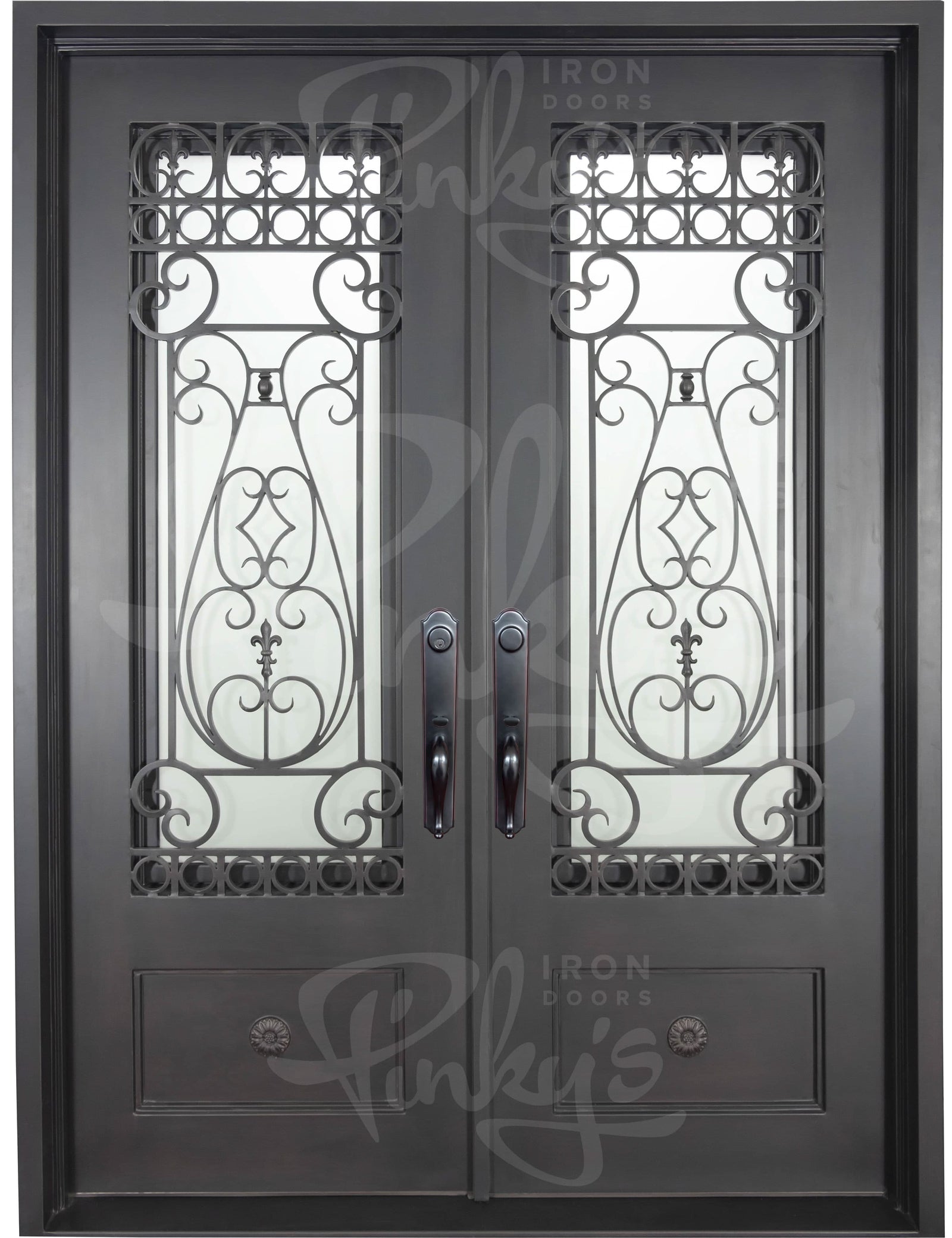 Parkside flat top double exterior door in black finish with tempered glass.