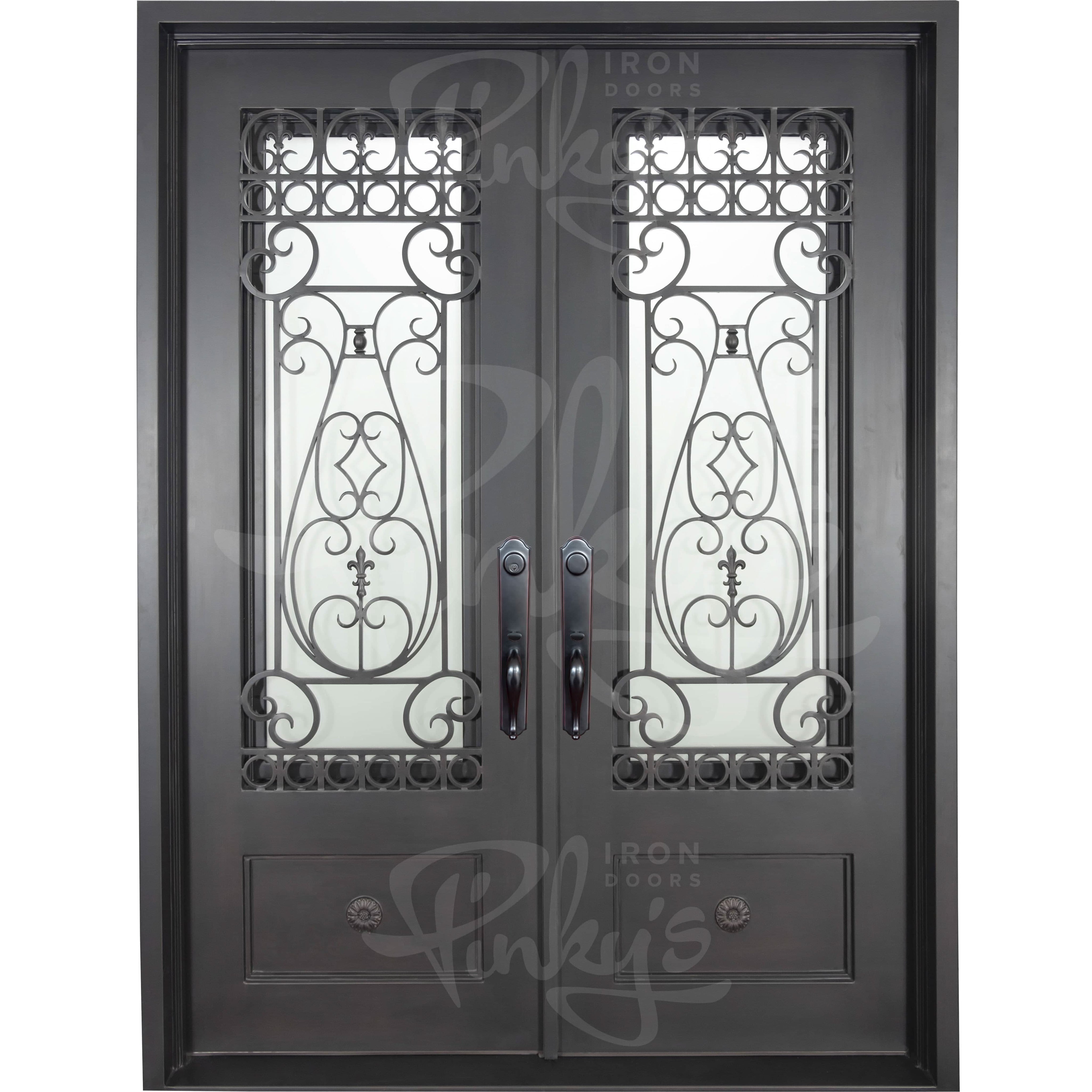 Parkside flat top double exterior door in black finish with tempered glass.