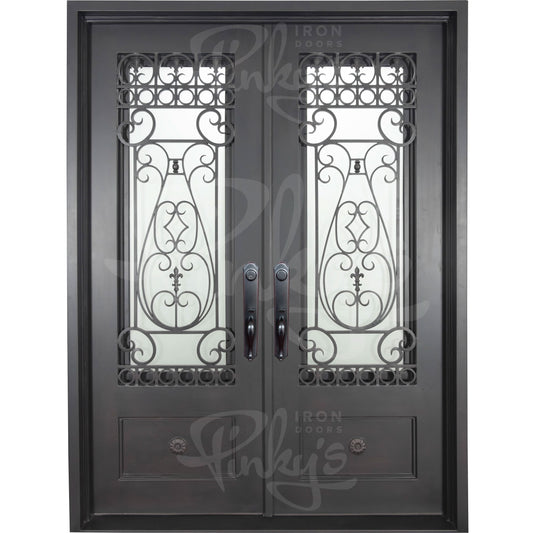 Double entryway doors made with a thick iron frame. Doors feature 3/4 glass panels behind intricate iron designs and are thermally broken to protect from extreme weather.