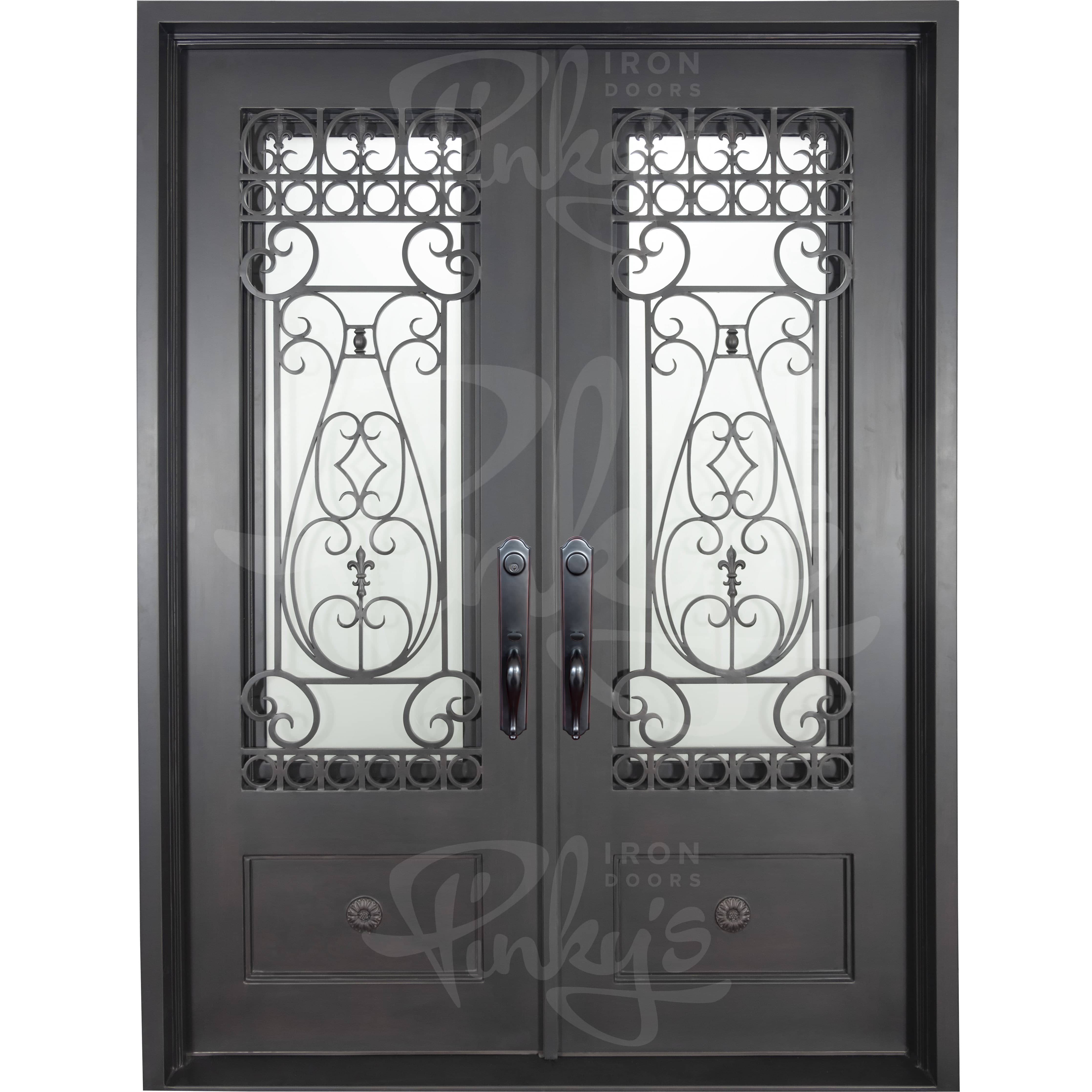 Double entryway doors made with a thick iron frame. Doors feature 3/4 glass panels behind intricate iron designs and are thermally broken to protect from extreme weather.