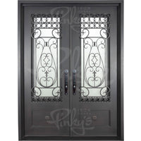 Double entryway doors made with a thick iron frame. Doors feature 3/4 glass panels behind intricate iron designs and are thermally broken to protect from extreme weather.