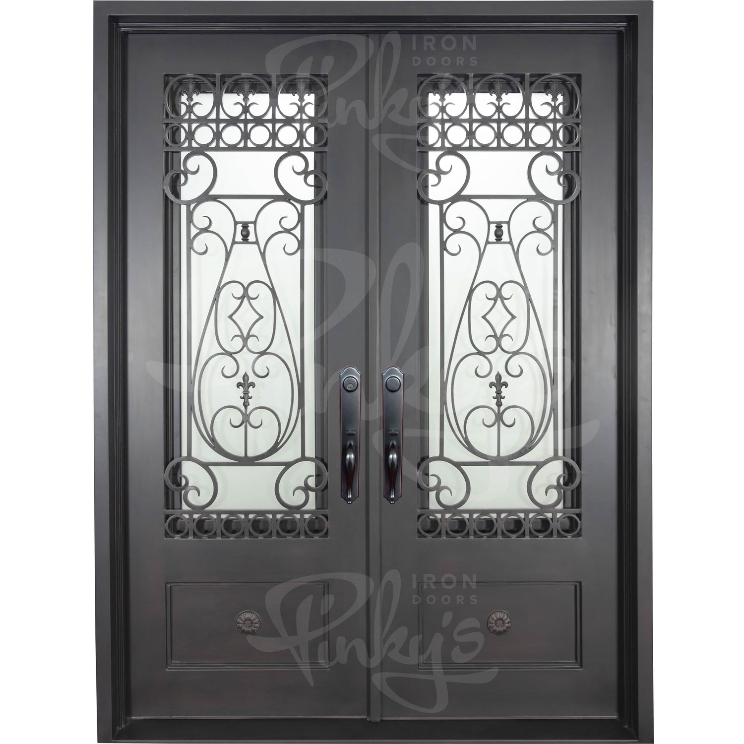 Double entryway doors made with a thick iron frame. Doors feature 3/4 glass panels behind intricate iron designs and are thermally broken to protect from extreme weather.