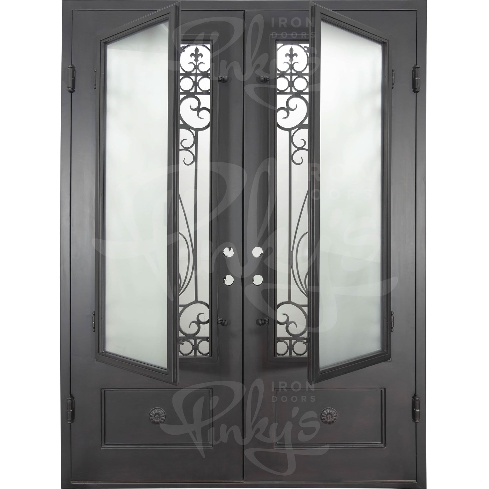 Parkside bronze color iron double square top door with tempered glass.