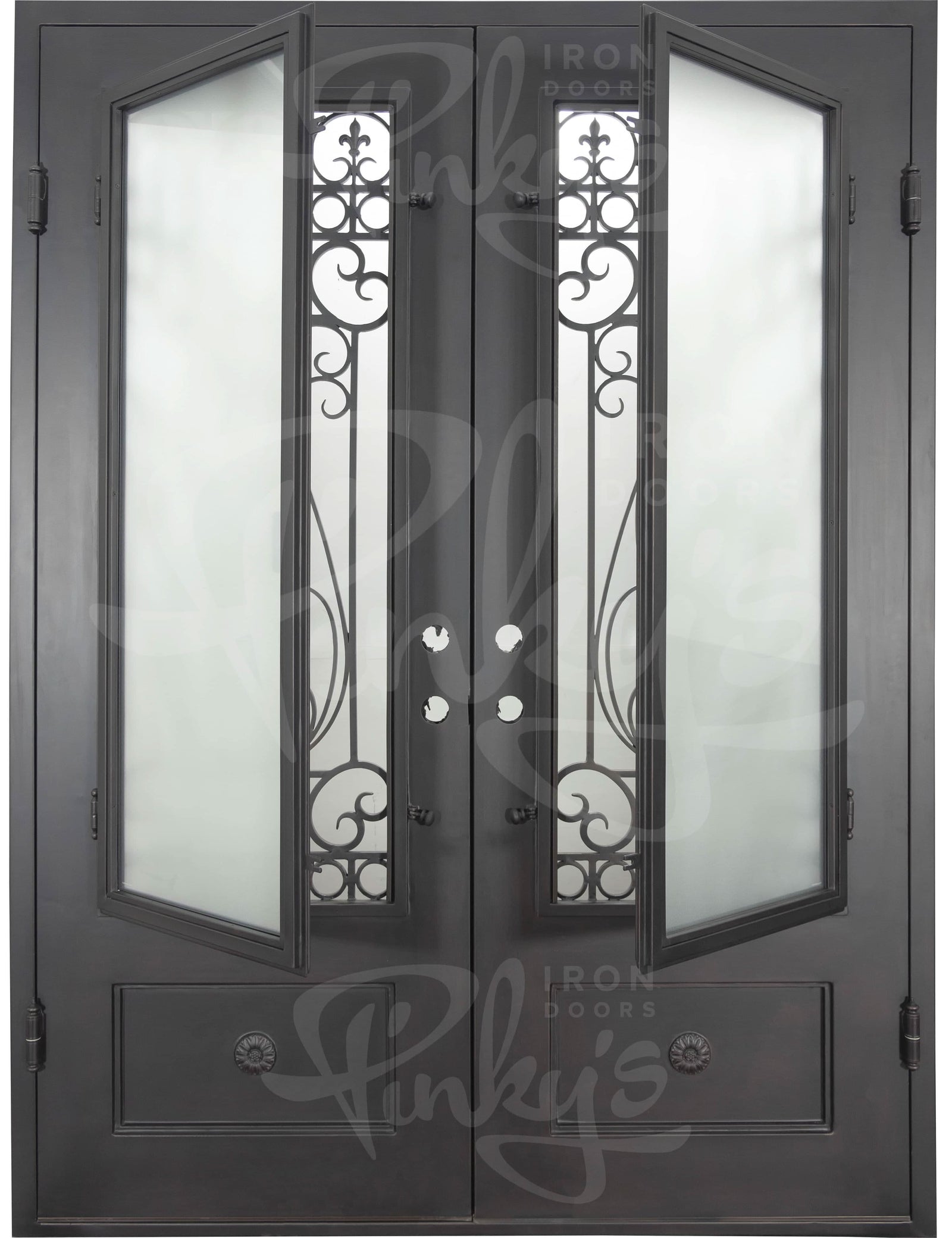 Parkside bronze color iron double square top door with tempered glass.