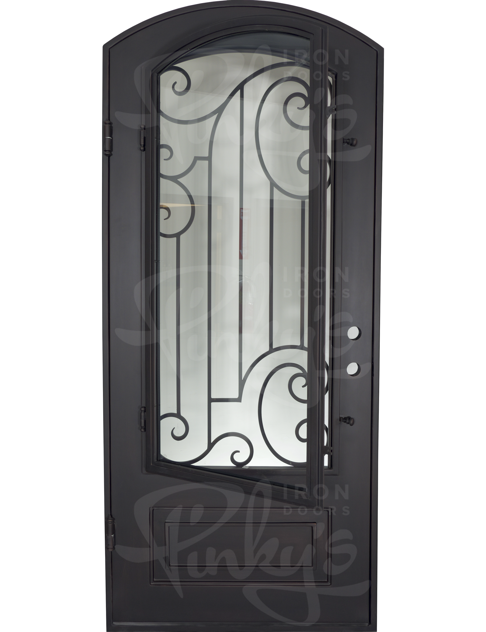 Piano single arch top front door with double-pane glass and ornate metalwork in bronze.