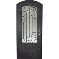 Single entryway door with a full length pane of glass behind intricate iron detailing and a thick iron frame. Door is thermally broken to protect from extreme weather.