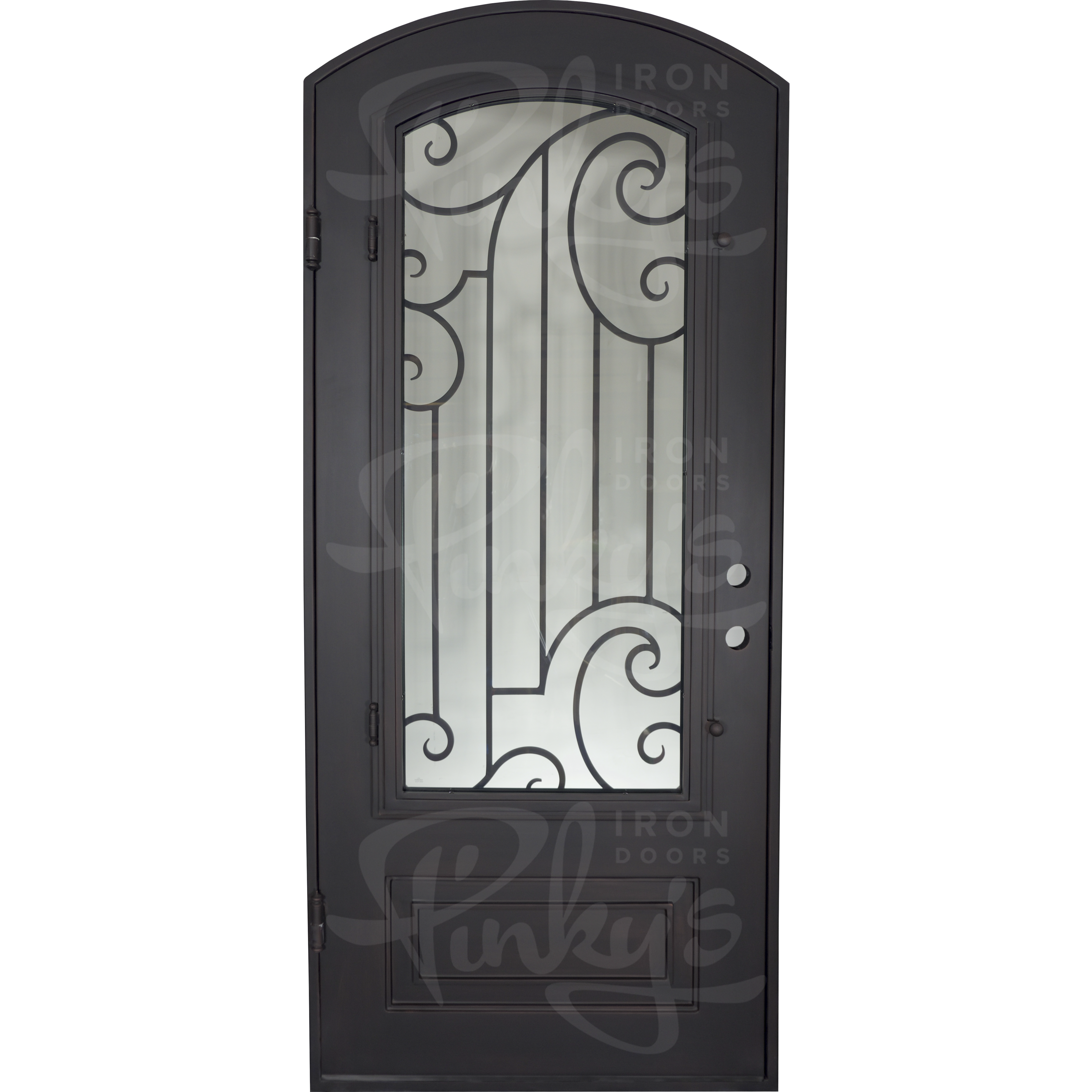Piano curved top swinging door with thermal barrier in matte black finish.