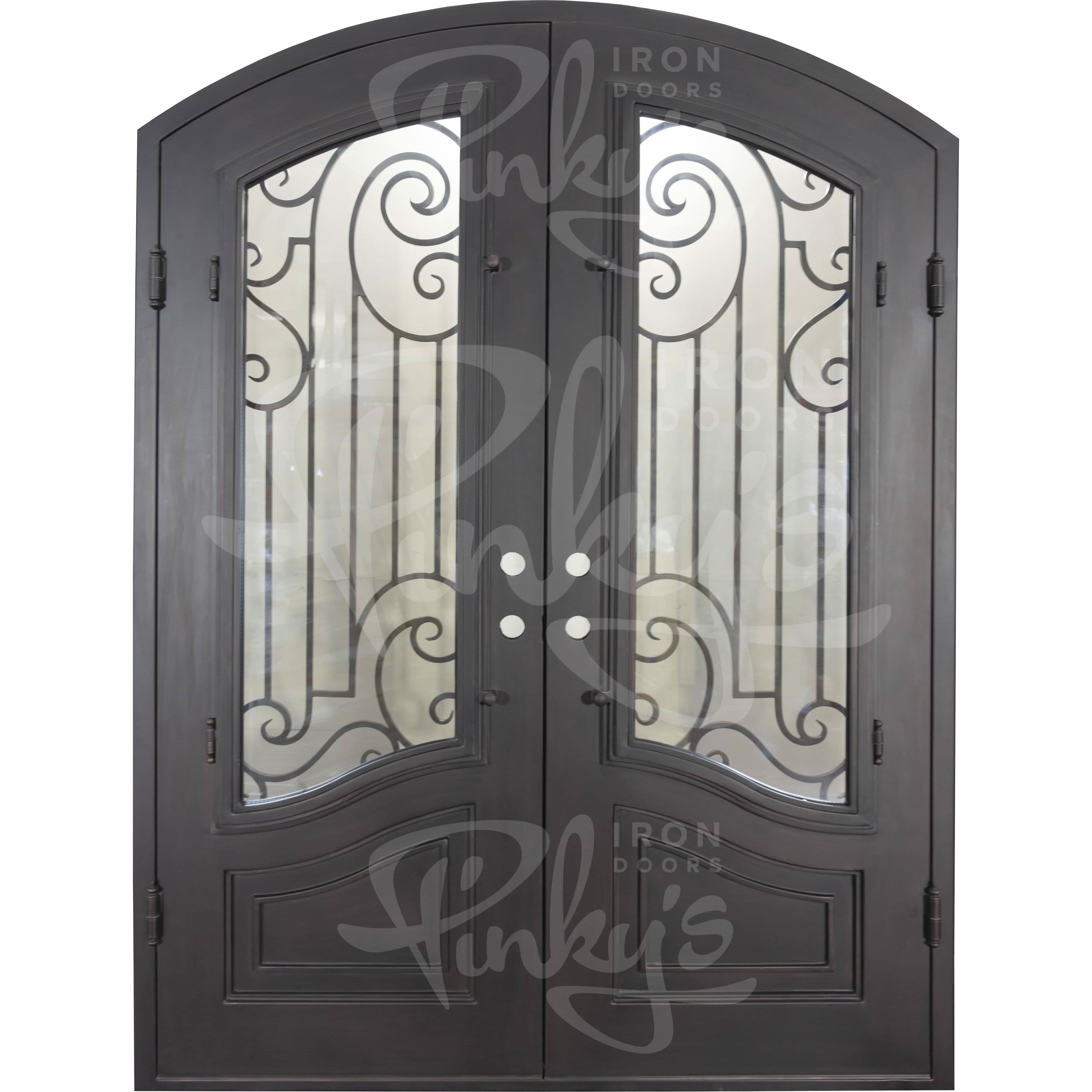 Piano iron double door with clear glass in bronze tone and arch top.
