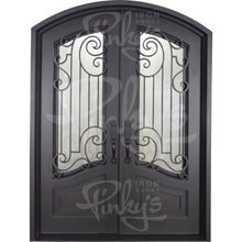 Load image into Gallery viewer, Double entryway doors made with a thick iron frame. Doors feature 3/4 glass panels behind intricate iron designs and are thermally broken to protect from extreme weather.
