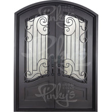 Load image into Gallery viewer, Double entryway doors with a thick iron and steel frame and a full pane of glass behind intricate iron detailing.