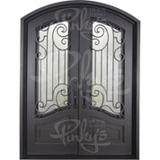 Piano metal arched top entry door with glass and thermal break in bronze.