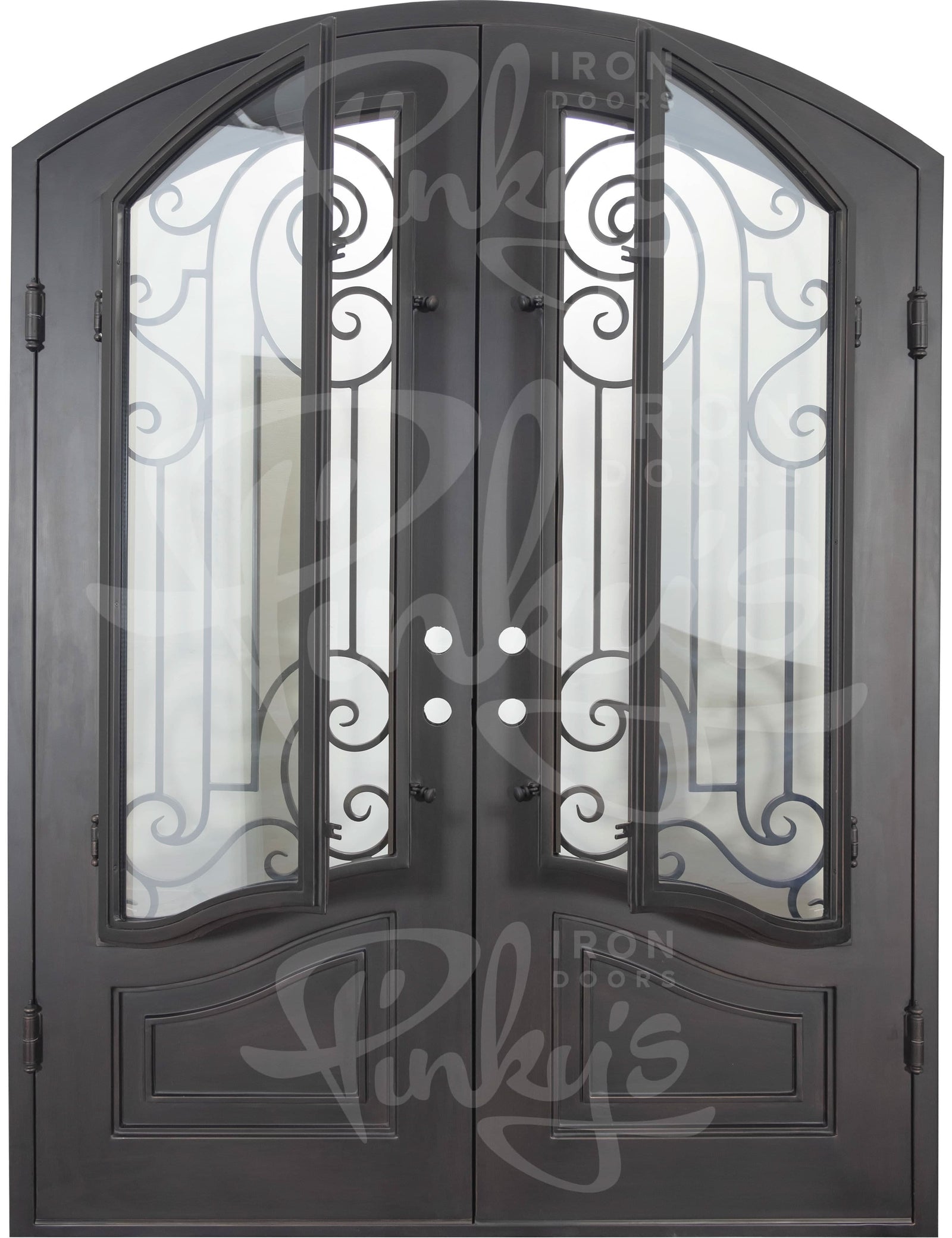 Piano iron double door with arched design and glass windows in bronze color.