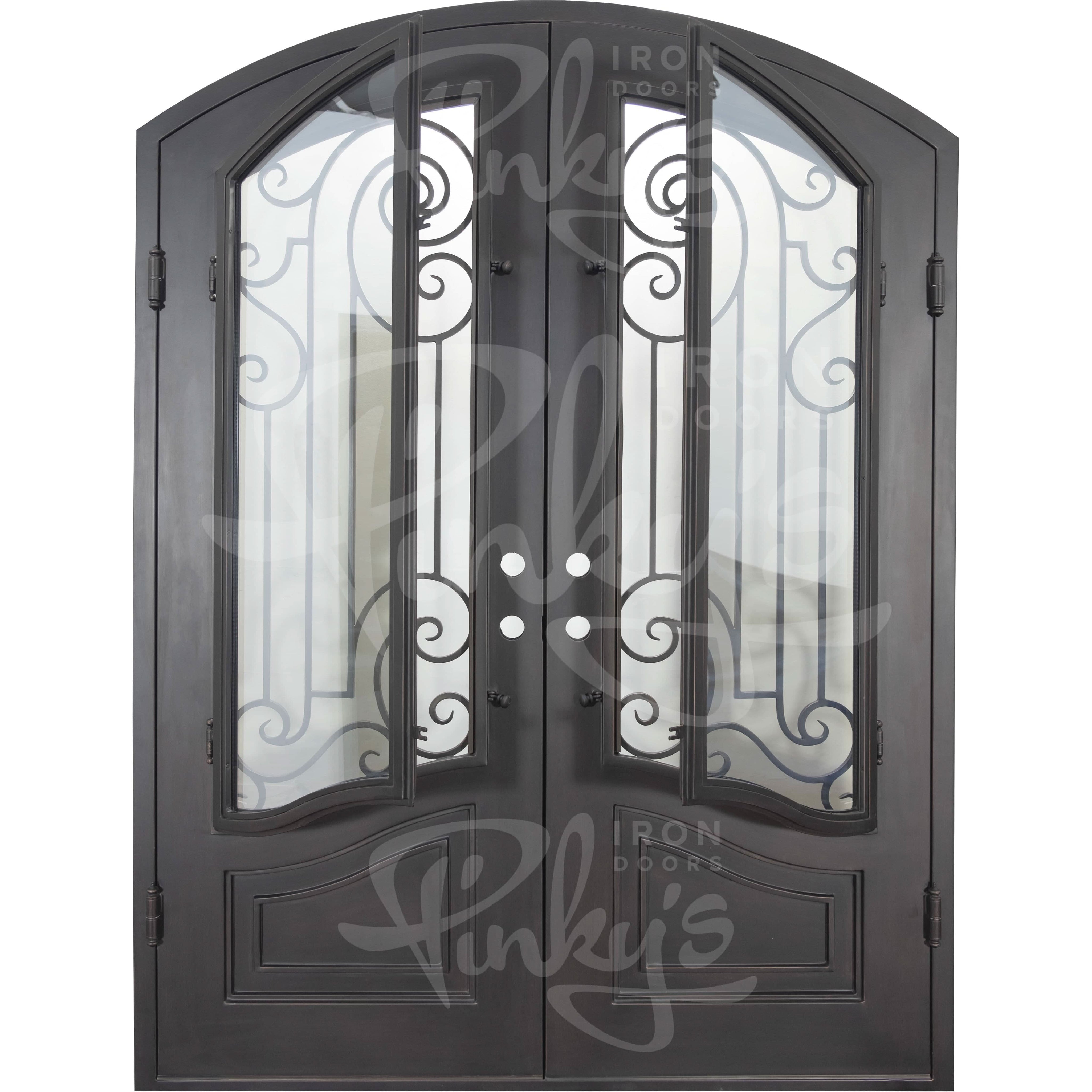 Piano iron double door with arched design and glass windows in bronze color.