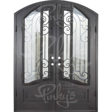 Load image into Gallery viewer, Double entryway doors with a thick iron and steel frame and a full pane of glass behind intricate iron detailing.
