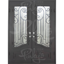 Load image into Gallery viewer, Double entryway doors with a thick iron and steel frame and a full pane of glass behind intricate iron detailing.