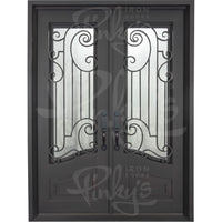 Double entryway doors made with a thick iron frame. Doors feature 3/4 glass panels behind intricate iron designs and are thermally broken to protect from extreme weather.