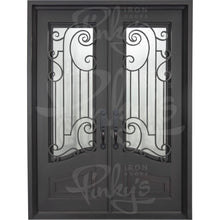 Load image into Gallery viewer, Double entryway doors made with a thick iron frame. Doors feature 3/4 glass panels behind intricate iron designs and are thermally broken to protect from extreme weather.