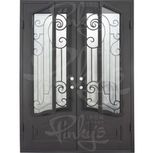 Load image into Gallery viewer, Double entryway doors with a thick iron and steel frame and a full pane of glass behind intricate iron detailing.