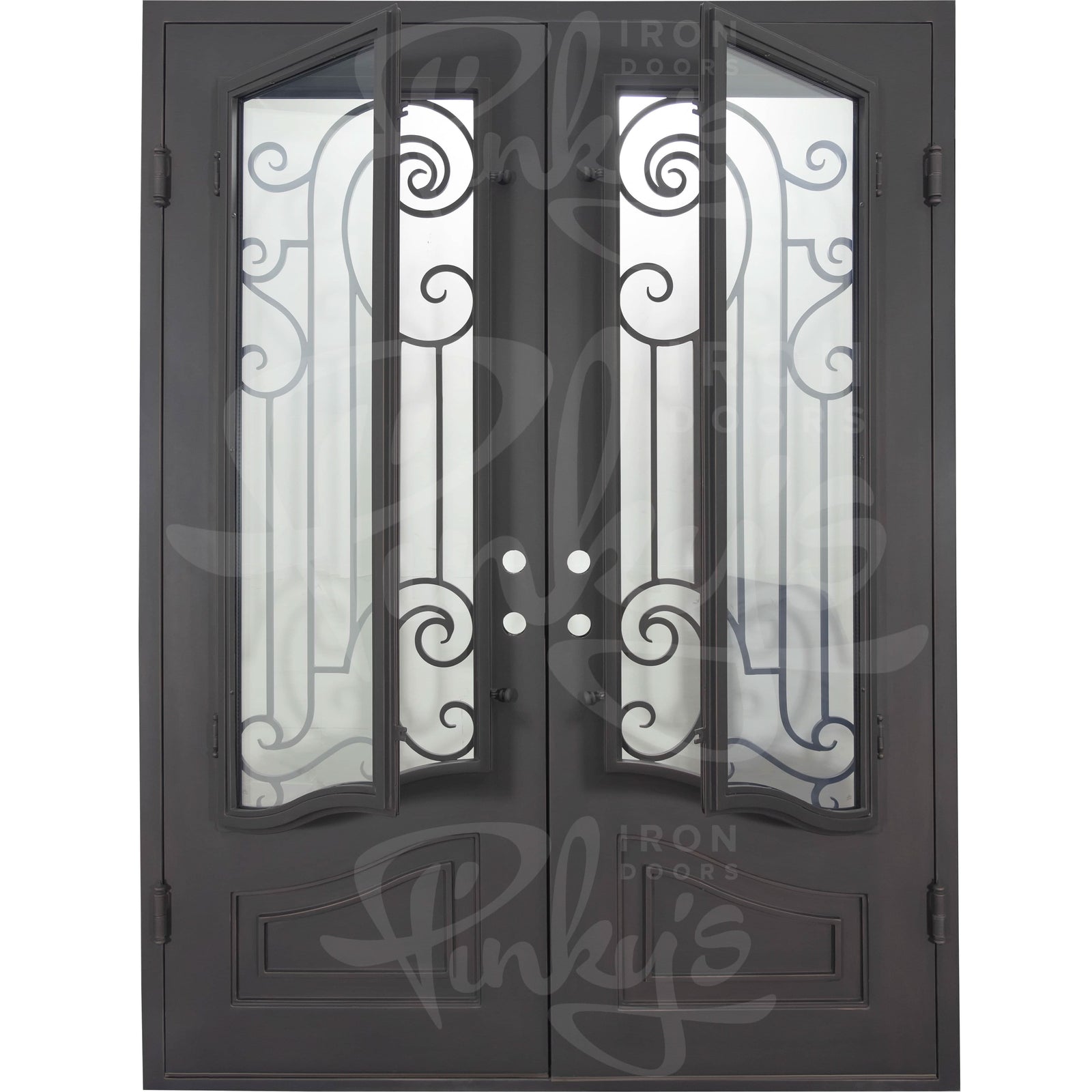 Piano thermally broken bronze finished square top french entry door.