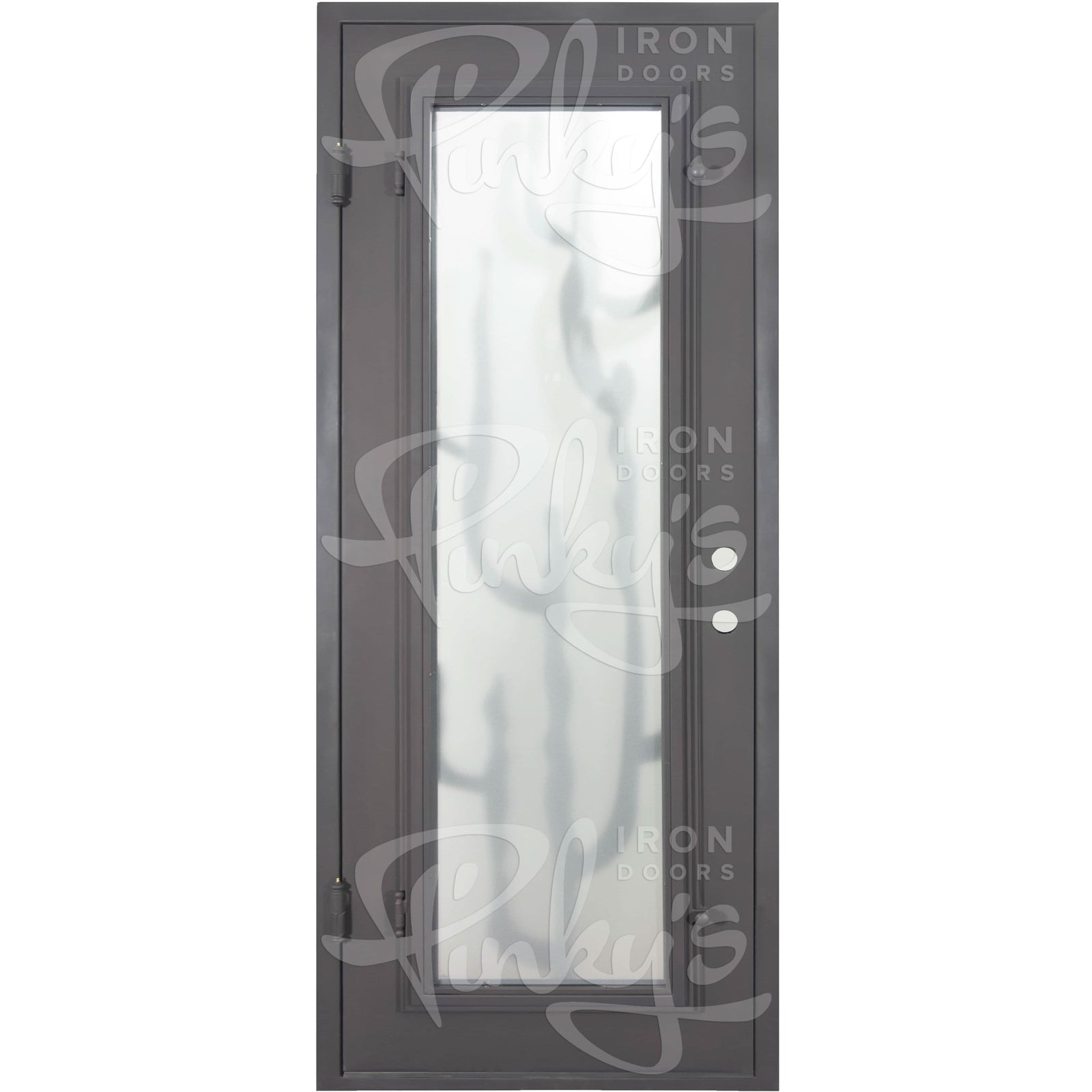 Roadtrip Black metal flat top single door with glass center and ironwork.