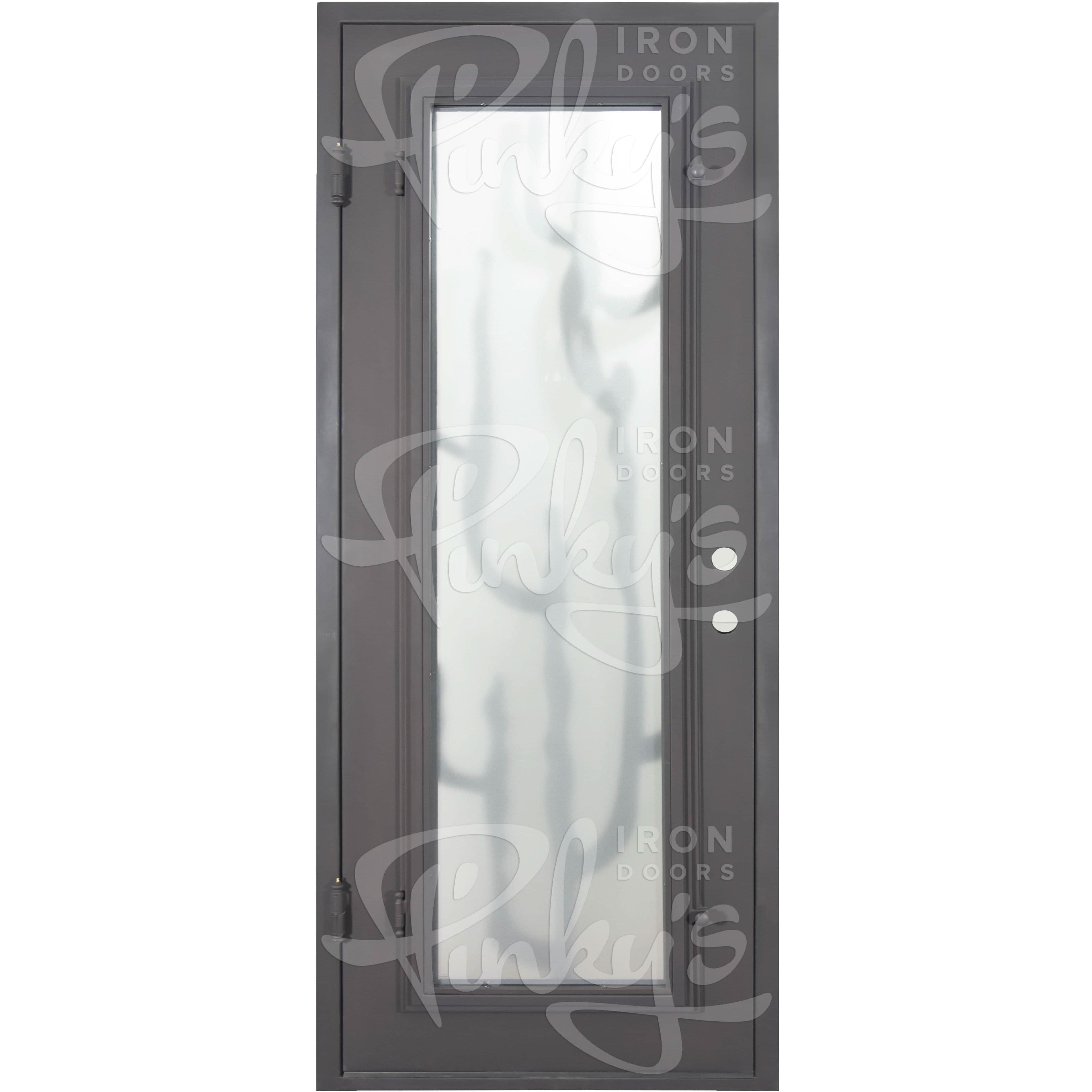 Roadtrip thermally broken single flat entry door with metal ironwork in black.