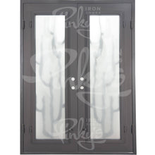 Load image into Gallery viewer, Double entryway doors with a thick iron and steel frame. Doors feature a full-length pane of glass behind iron cactus detailing on each side and are thermally broken to protect from extreme weather.