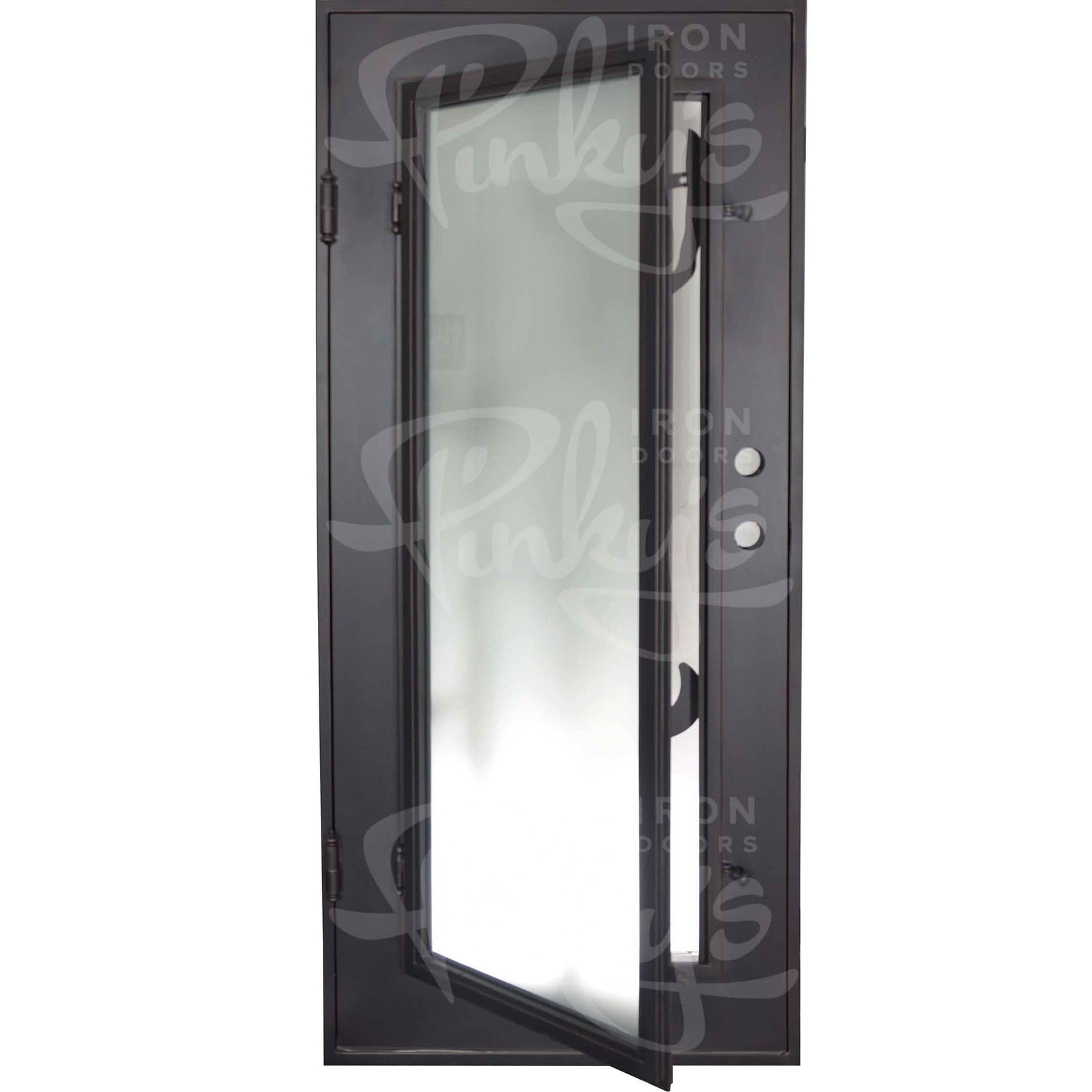 Roadtrip Bronze color pre-hung flat top single front door with dual-pane glass.