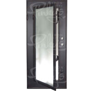 Roadtrip Bronze color pre-hung flat top single front door with dual-pane glass.