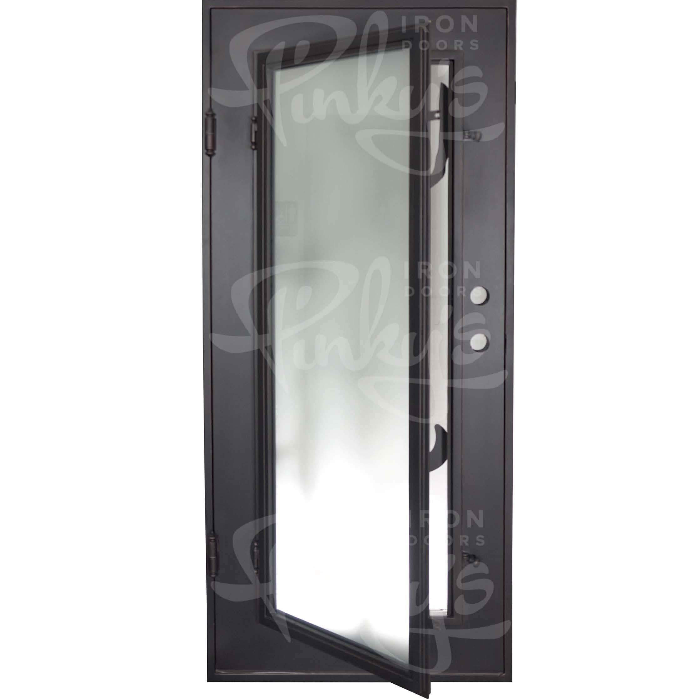 Roadtrip Bronze color pre-hung flat top single front door with dual-pane glass.