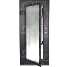 Load image into Gallery viewer, Single entryway door with a thick iron and steel frame. Door features a full-length pane of glass behind iron cactus detailing and is thermally broken to protect from extreme weather.