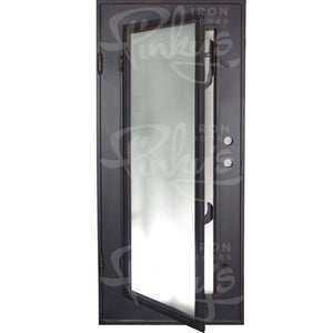 Single entryway door with a thick iron and steel frame. Door features a full-length pane of glass behind iron cactus detailing and is thermally broken to protect from extreme weather.