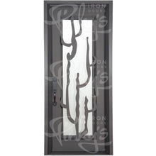 Load image into Gallery viewer, Single entryway door with a thick iron and steel frame. Door features a full-length pane of glass behind iron cactus detailing and is thermally broken to protect from extreme weather.