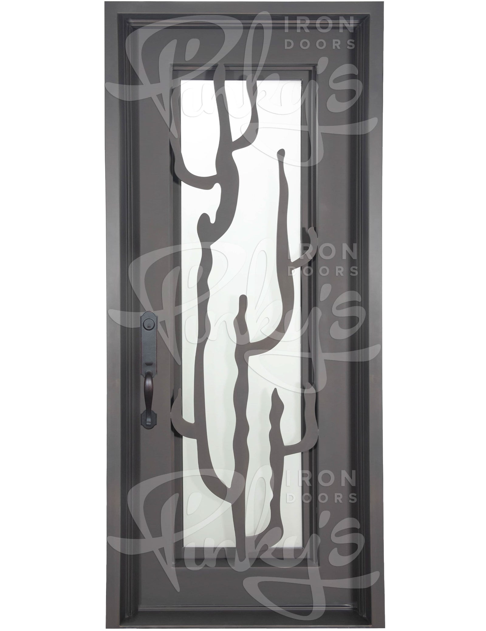 Roadtrip Black pre-hung flat top single door with glass and decorative scrollwork.