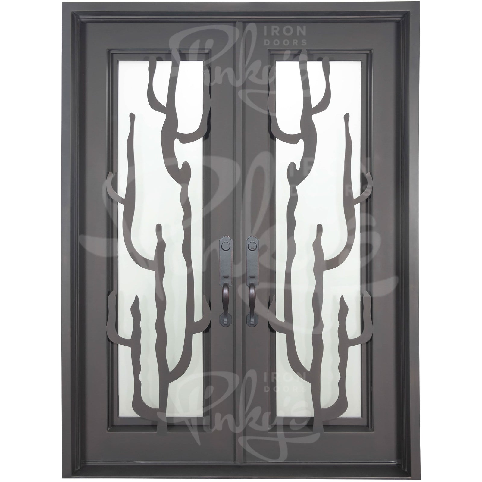 Roadtrip black exterior metal double door with thick glass and square top.