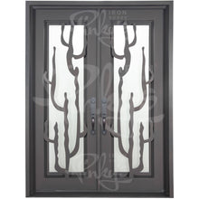 Load image into Gallery viewer, Double entryway doors with a thick iron and steel frame. Doors feature a full-length pane of glass behind iron cactus detailing on each side and are thermally broken to protect from extreme weather.