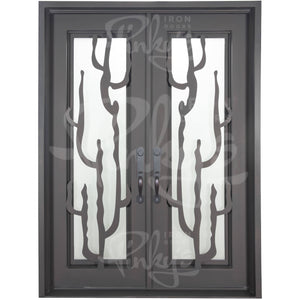Double entryway doors with a thick iron and steel frame. Doors feature a full-length pane of glass behind iron cactus detailing on each side and are thermally broken to protect from extreme weather.