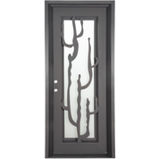 Roadtrip Single flat top door with operable glass panel and ornate metalwork.
