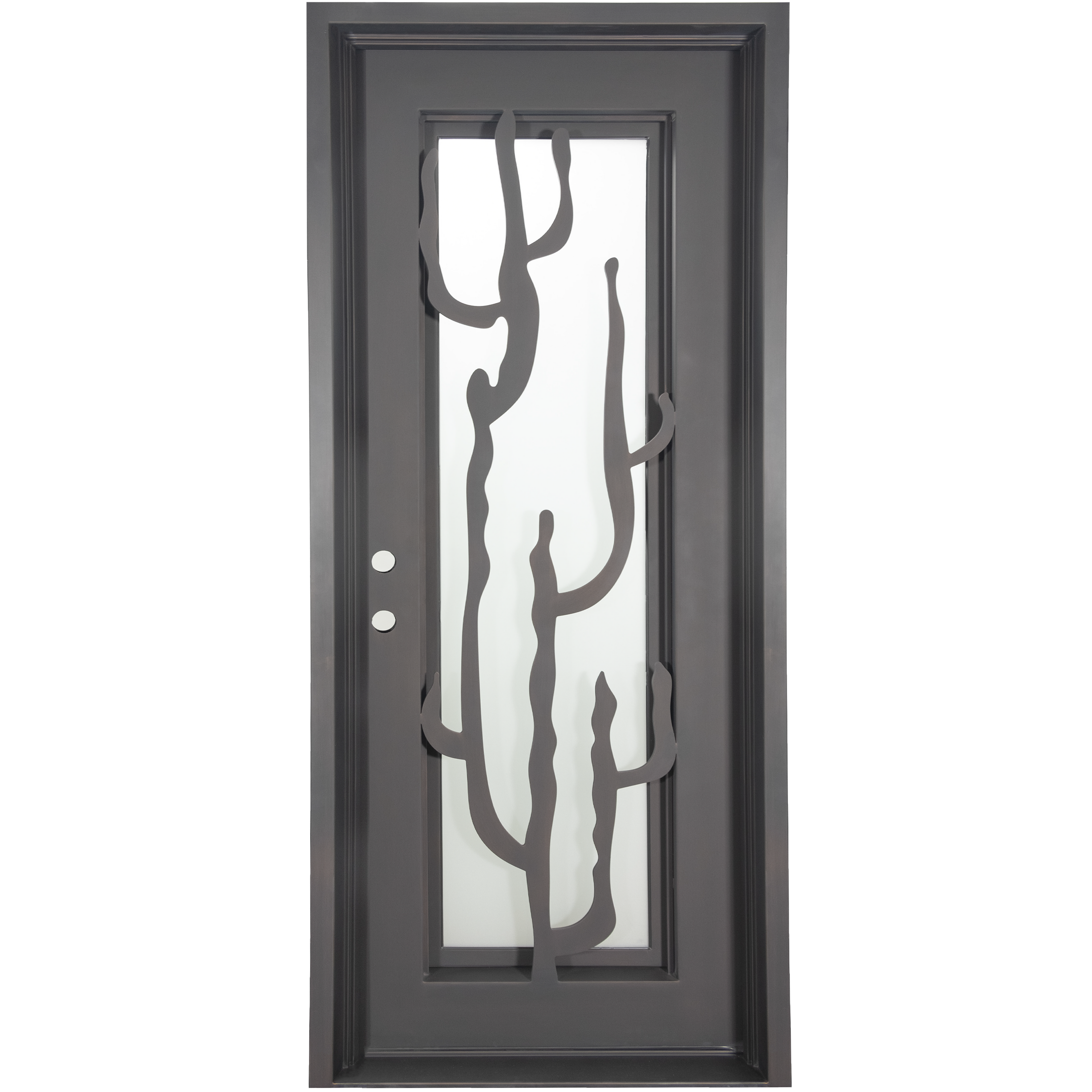 Roadtrip Single flat top door with operable glass panel and ornate metalwork.