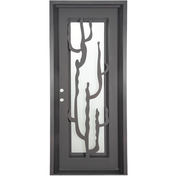 Roadtrip Single flat top door with operable glass panel and ornate metalwork.