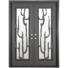 Load image into Gallery viewer, Double entryway doors with a thick iron and steel frame. Door features a full-length pane of glass behind iron cactus detailing.