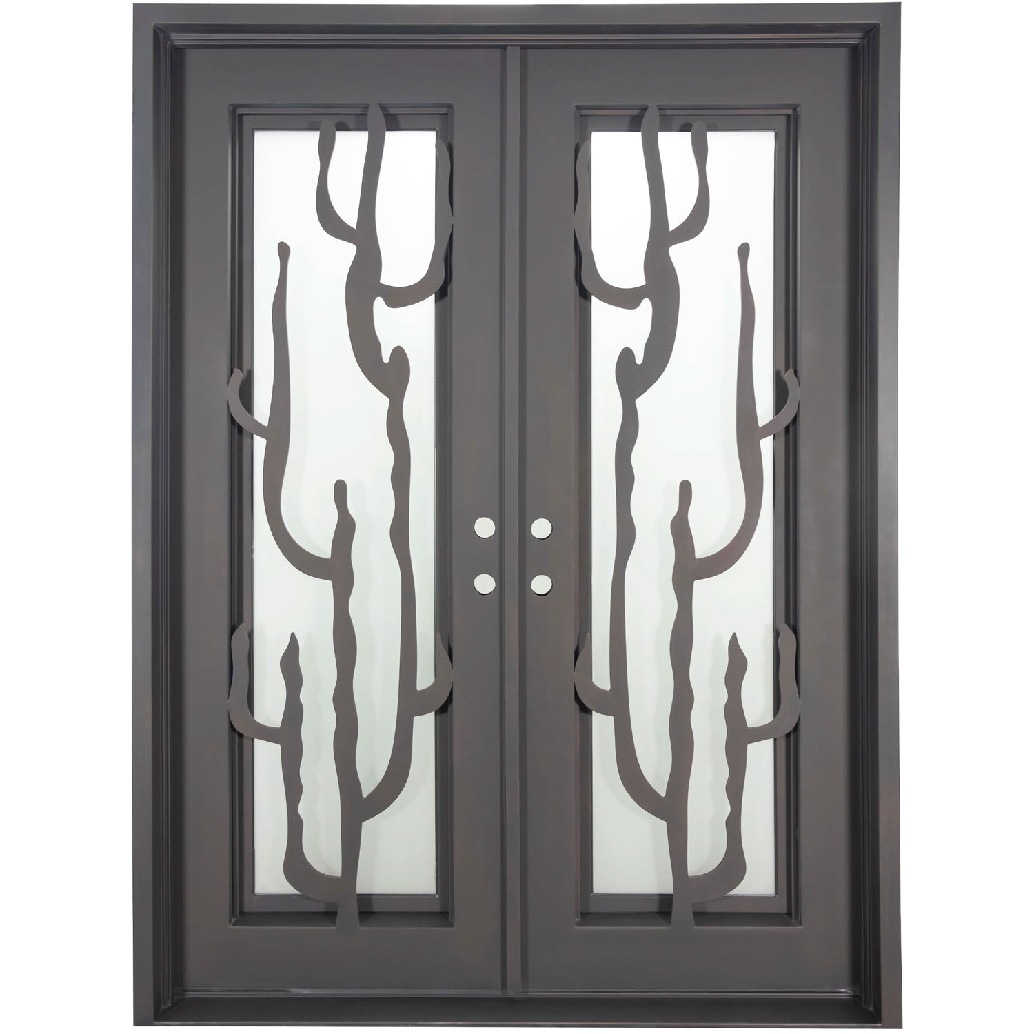 Double entryway doors with a thick iron and steel frame. Door features a full-length pane of glass behind iron cactus detailing.