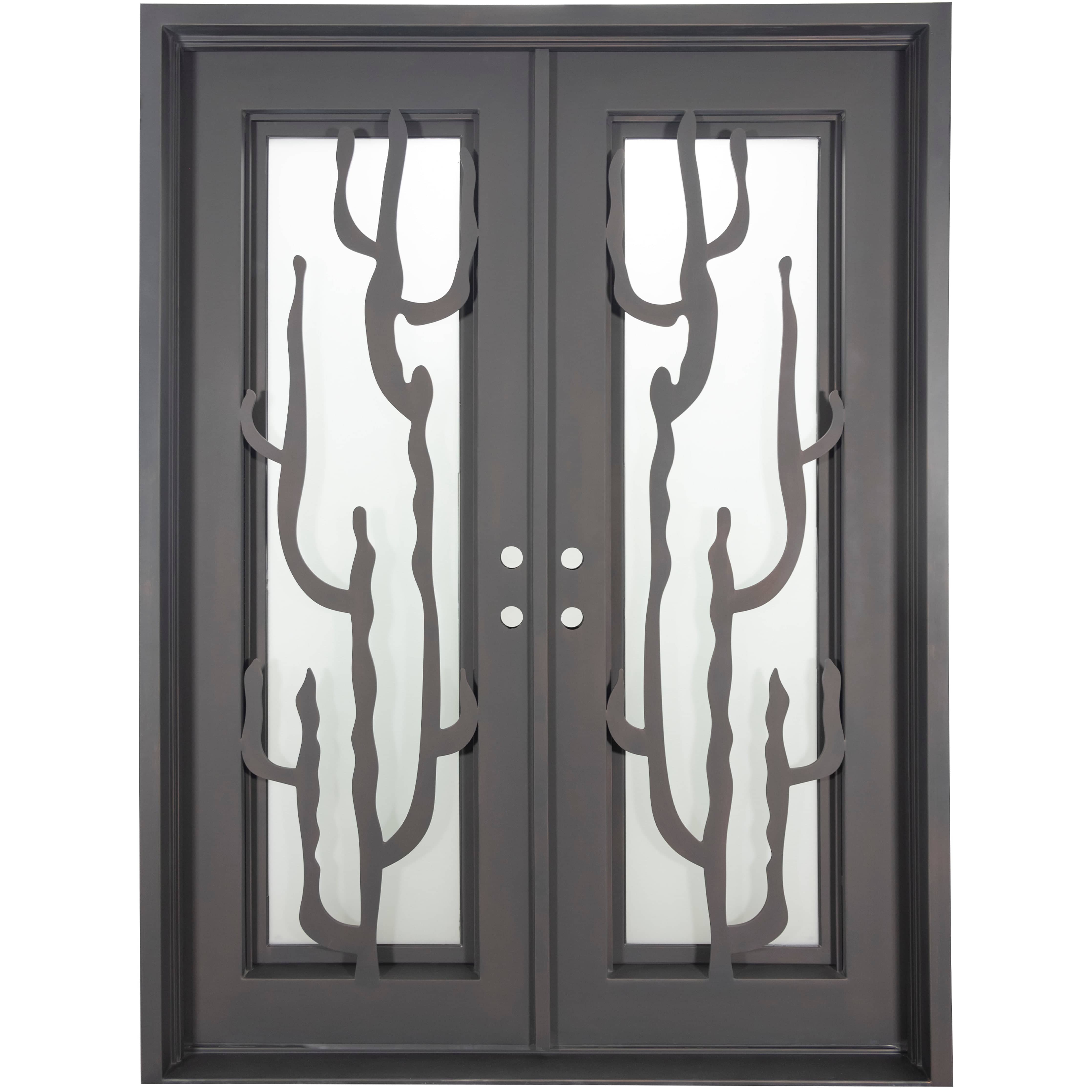 Double entryway doors with a thick iron and steel frame. Doors feature a full-length pane of glass behind iron cactus detailing on each side and are thermally broken to protect from extreme weather.