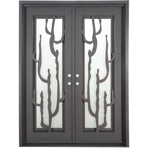 Double entryway doors with a thick iron and steel frame. Doors feature a full-length pane of glass behind iron cactus detailing on each side and are thermally broken to protect from extreme weather.