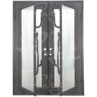 Double entryway doors with a thick iron and steel frame. Doors feature a full-length pane of glass behind iron cactus detailing on each side and are thermally broken to protect from extreme weather.