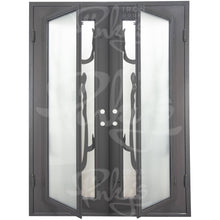 Load image into Gallery viewer, Double entryway doors with a thick iron and steel frame. Doors feature a full-length pane of glass behind iron cactus detailing on each side and are thermally broken to protect from extreme weather.