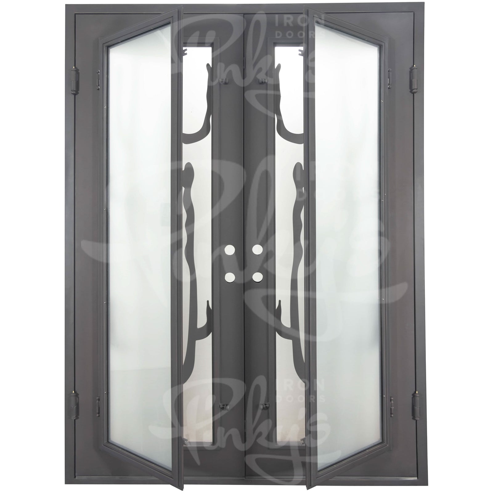 Roadtrip bronze color iron double french door with glass and flat top.