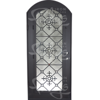 Single entryway door with a full length pane of glass behind intricate iron detailing. Door is thermally broken to protect from extreme weather.